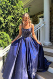 A Line Navy Blue Spaghetti Straps Long Prom Dresses Shiny Party Gown GP745