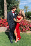 Red Spaghetti Straps Long Prom Dress with Slit, Mermaid Evening Dress GP751