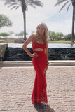 Red Spaghetti Straps Long Prom Dress Slit Mermaid Evening Dress GP751