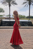 Red Spaghetti Straps Long Prom Dress Slit Mermaid Evening Dress GP751