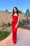 Spaghetti Straps Red Satin Long Prom Dress, Mermaid Evening Dress GP749