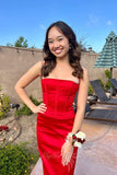 Spaghetti Straps Red Satin Long Prom Dress, Mermaid Evening Dress GP749