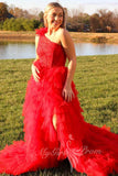 One Shoulder Red Slit Long Prom Dress Tiered Evening Dress with Ruffles GP756