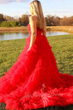 One Shoulder Red Slit Long Prom Dress Tiered Evening Dress with Ruffles GP756