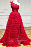 One Shoulder Red Slit Long Prom Dress Tiered Evening Dress with Ruffles GP756