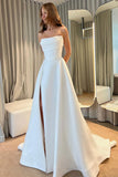 Simple Strapless White Sweep Train Satin Ball Gown with Split PW587