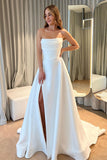 Elegant Strapless A-line Ivory Satin Wedding Dresses with Split PW586