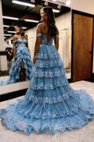 A-Line Dusty Blue Ruffles Appliques Tulle Long Prom Dress Slit Formal Gown GP746