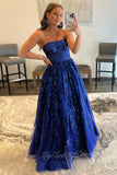 Blue A Line Tulle Sequin Long Prom Dress with Pockets, Strapless Formal Gown GP747