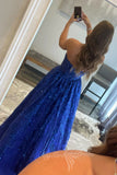 Strapless Navy Blue A Line Tulle Sequin Long Prom Dress with Pockets GP747