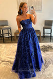 Strapless Navy Blue A Line Tulle Sequin Long Prom Dress with Pockets GP747