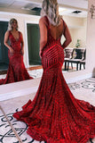 Gorgeous Burgundy V Neck Mermaid Sequin Long Porm Dresses GP562