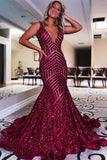 gorgeous burgundy v neck mermaid sequin long porm dresses