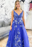 Shiny Royal Blue A Line Long Prom Dress with Floral Appliques GP714