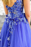 Shiny Royal Blue A Line Long Prom Dress with Floral Appliques GP714