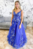 Shiny Royal Blue A Line Long Prom Dress with Floral Appliques GP714