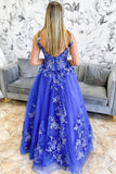 Shiny Royal Blue A Line Long Prom Dress with Floral Appliques GP714