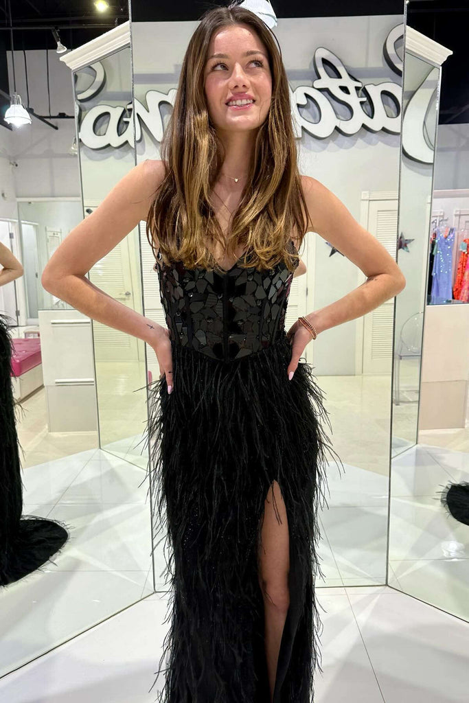spaghetti straps black sequin long prom dress slit with feathers