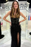 spaghetti straps black sequin long prom dress slit with feathers