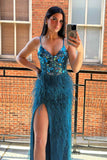 spaghetti straps black sequin long prom dress slit with feathers