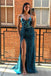 spaghetti straps black sequin long prom dress slit with feathers