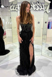 spaghetti straps black sequin long prom dress slit with feathers