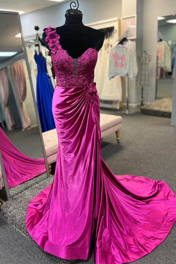 one shoulder lace satin fuchsia mermaid long prom party dress with pleated