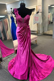 One Shoulder Lace Satin Fuchsia Mermaid Long Prom Party Dress With Pleated GP558