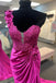 one shoulder lace satin fuchsia mermaid long prom party dress with pleated