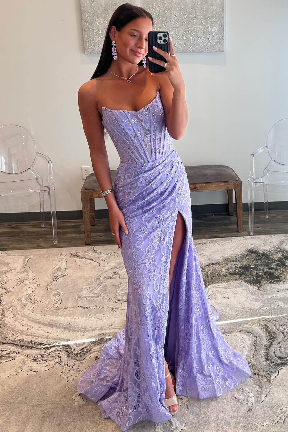 Strapless Lavender Lace Slit Mermaid Long Prom Dress Wth Pleated
