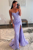 Lavender Lace Mermaid Pleated Long Prom Dresses, Slit Evening Gown GP559
