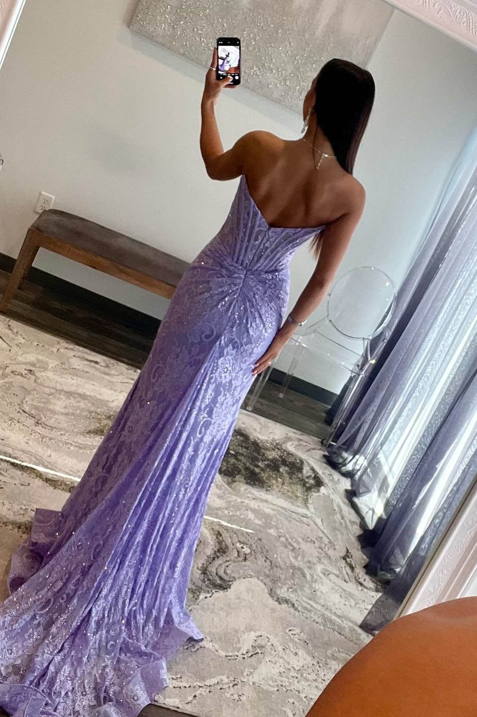 Lavender Lace Mermaid Pleated Long Prom Dresses, Slit Evening Gown GP559
