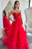 Elegant A-line Sweetheart Evening Dress, Ruffles Red Tulle Long Prom Dress GP716