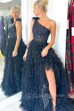 One Shoulder Black Slit Long Prom Dress Tiered Evening Dress with Ruffles GP755