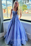 Spaghetti Straps Blue Lace Long Prom Dress A Line Evening Dress with Appliques GP753