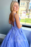 Spaghetti Straps Blue Lace Long Prom Dress A Line Evening Dress with Appliques GP753