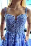 Spaghetti Straps Blue Lace Long Prom Dress A Line Evening Dress with Appliques GP753