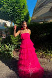 Strapless Hot Pink Long Prom Dress A Line Evening Dress with Ruffles GP758