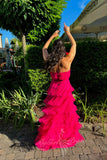 Strapless Hot Pink Long Prom Dress A Line Evening Dress with Ruffles GP758