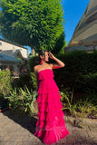 Strapless Hot Pink Long Prom Dress A Line Evening Dress with Ruffles GP758