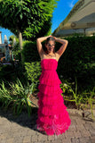 Strapless Hot Pink Long Prom Dress A Line Evening Dress with Ruffles GP758