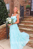 Straps Sweetheart A-Line Prom Dress Sky Blue Tulle Formal Dress with Ruffles GP766