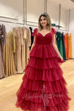 Straps A Line Layers Prom Dress Red V Neck Formal Dress with Ruffles GP771