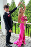 Spaghetti Straps Hot Pink Appliques Long Prom Dress, Mermaid Slit Formal Dress GP761