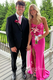 Spaghetti Straps Hot Pink Appliques Long Prom Dress, Mermaid Slit Formal Dress GP761