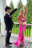 Spaghetti Straps Hot Pink Appliques Long Prom Dress, Mermaid Slit Formal Dress GP761