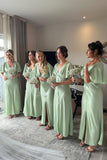 A-Line Sage Green Slit Long Bridesmaid Dresses with Flare Sleeves GB402