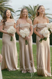 Off the shoulder Champagne Satin Sheath Long Bridesmaid Dresses GB403