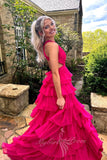 Chiffon Hot Pink Long Prom Dress Cut Out Evening Dress with Ruffled GP759