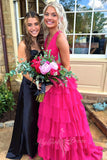 Chiffon Hot Pink Long Prom Dress Cut Out Evening Dress with Ruffled GP759